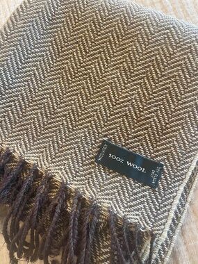 Brown Cream Herringbone 100% Wool Scarf | Fringe Quiet Luxury Wrap